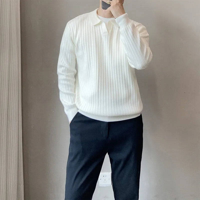 Men's modal rabbit fur knitted pullover sweater in loose fit showing striped lapel detail