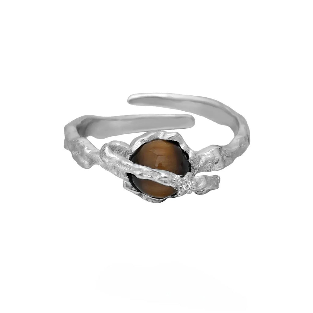 White gold colour Saturn Tigereye open adjustable ring for women on display