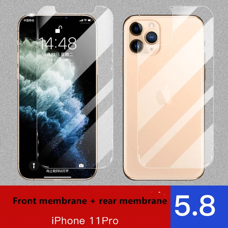 Tempered glass screen and rear camera protectors for Apple iPhone models on a white background.