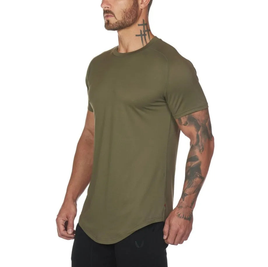 Mens plain gym shirt in army green with cotton-spandex fabric for workouts