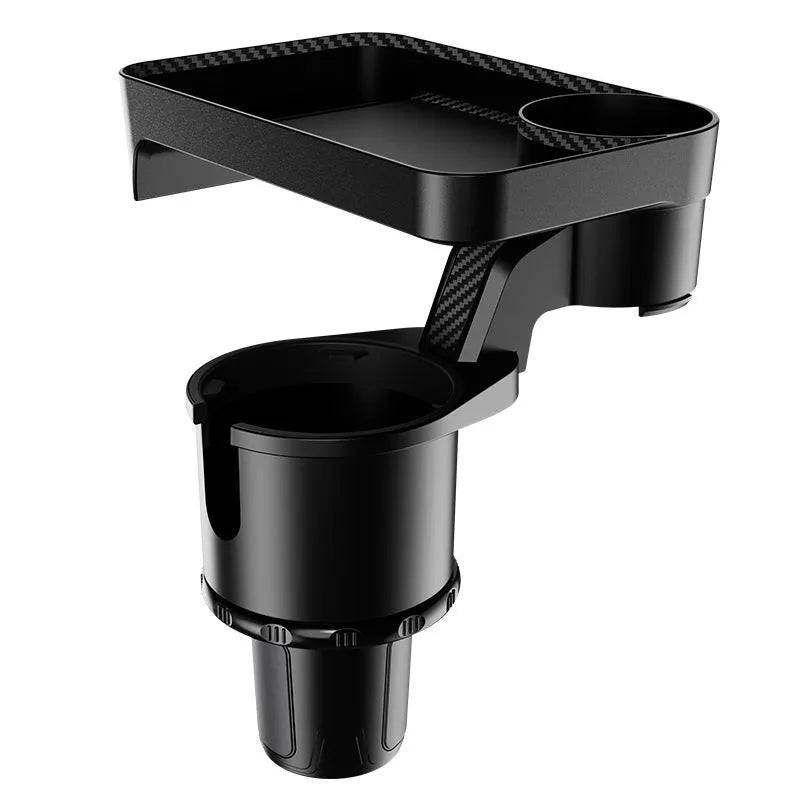 Black ABS plastic car dinner tray holder rotating in a vehicle cup holder.