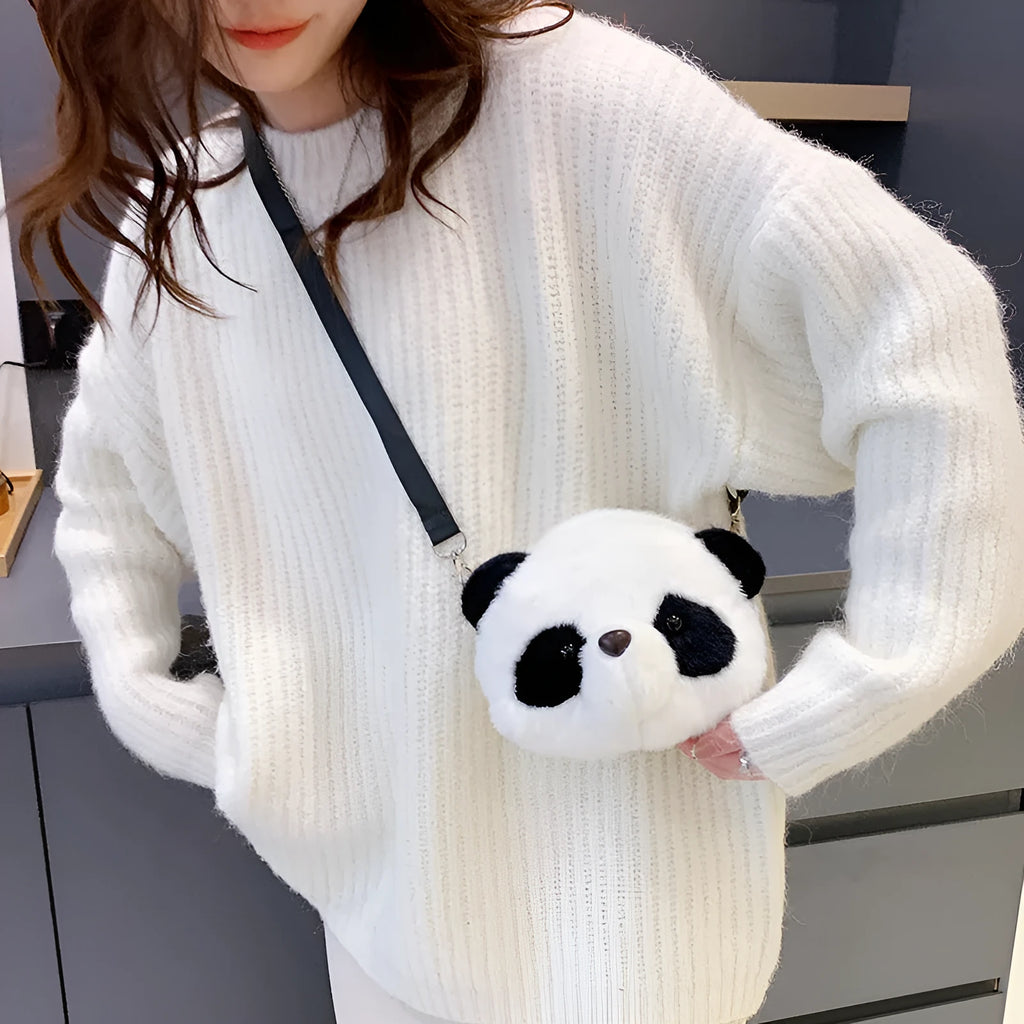 Plush crossbody shoulder bag with panda head pattern and cylindrical shape