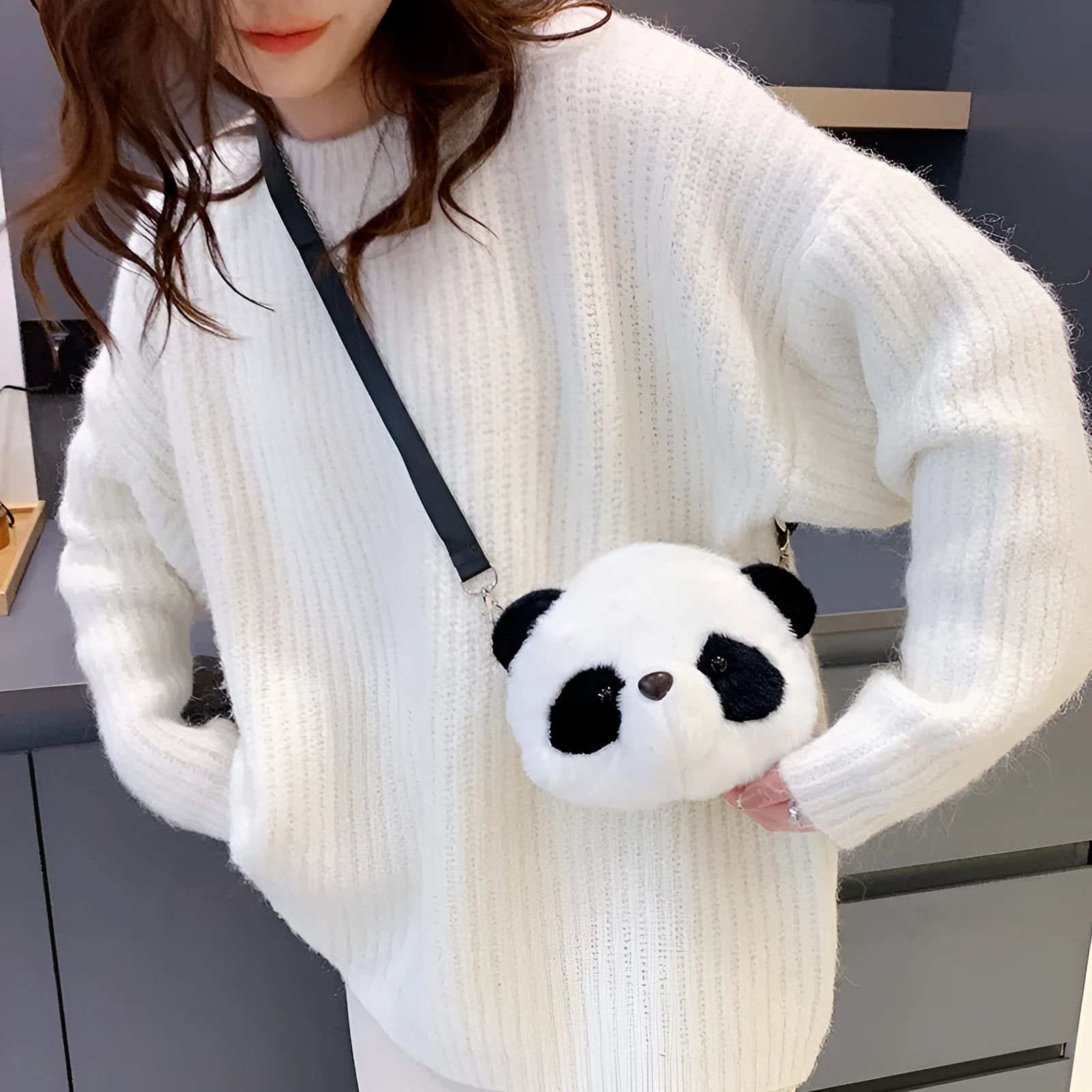Plush crossbody shoulder bag with panda head pattern and cylindrical shape