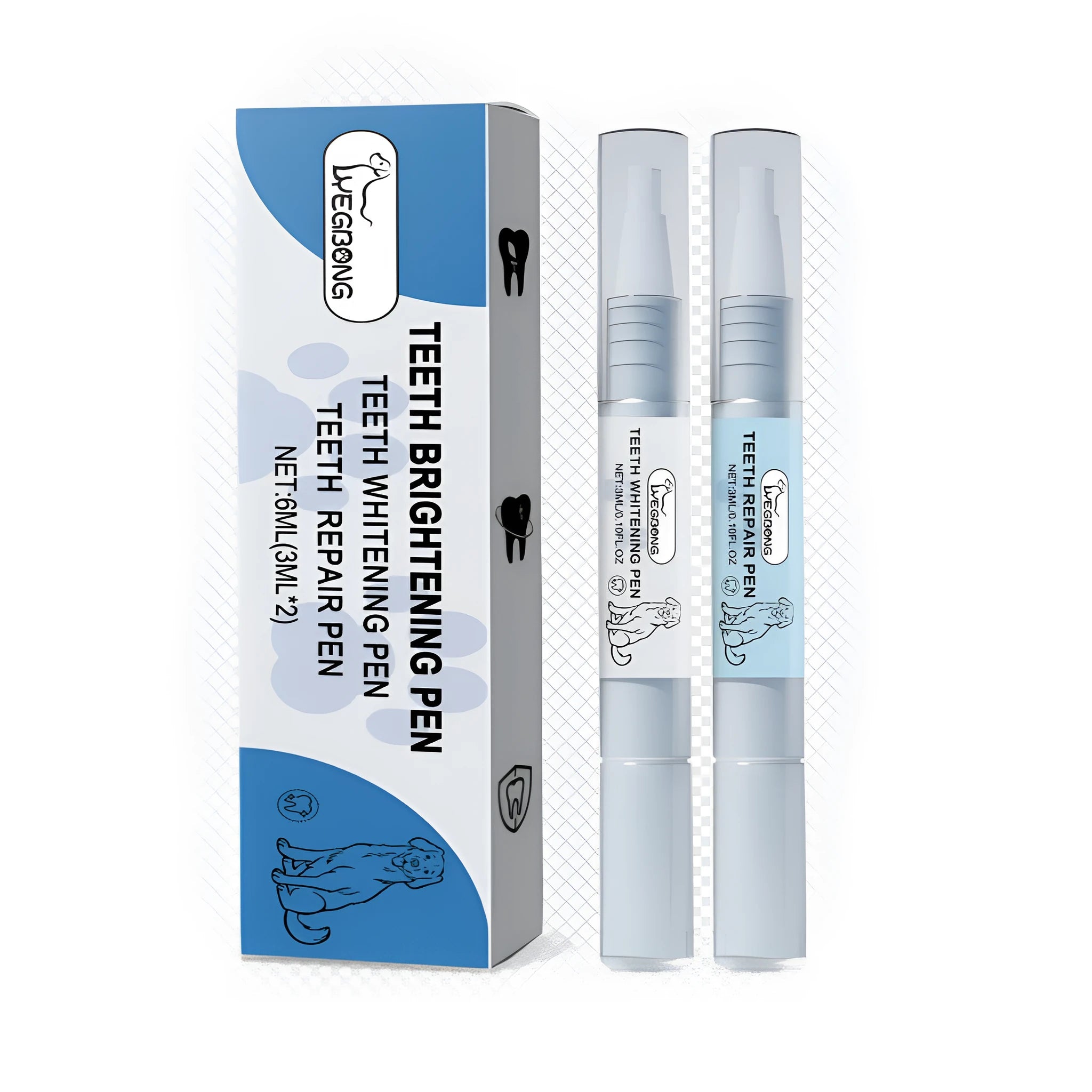 Pet teeth brightening pen set with repair and whitening formulas in dual stainless steel applicator design