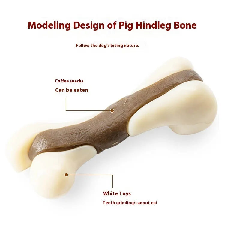 Cowhide and nylon bone grinding rod dog chew toy shown in two colour-coded sizes.