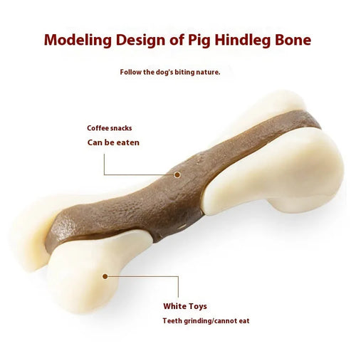 Cowhide and nylon bone grinding rod dog chew toy shown in two colour-coded sizes.