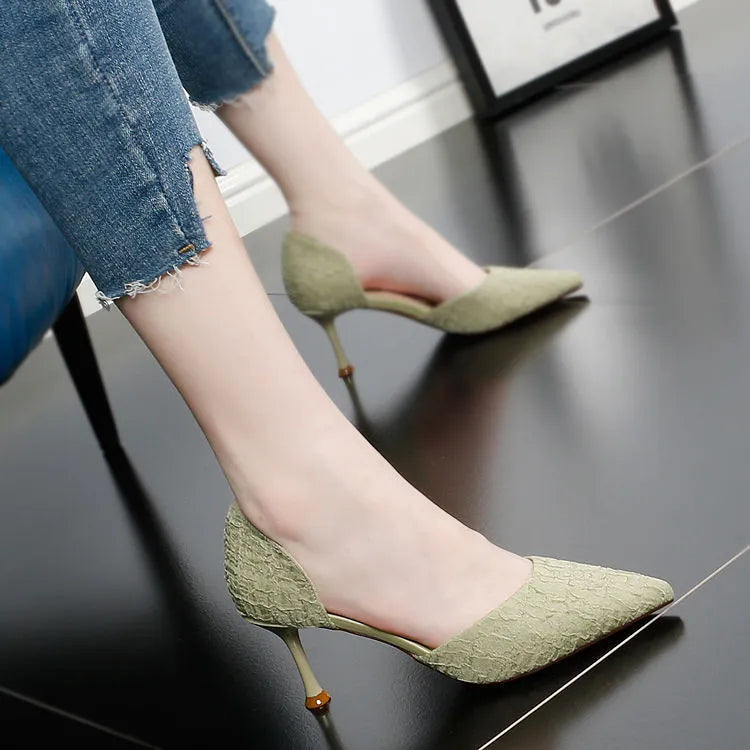 Women's black pointed-toe stiletto high heel shoes with a 6-8cm heel