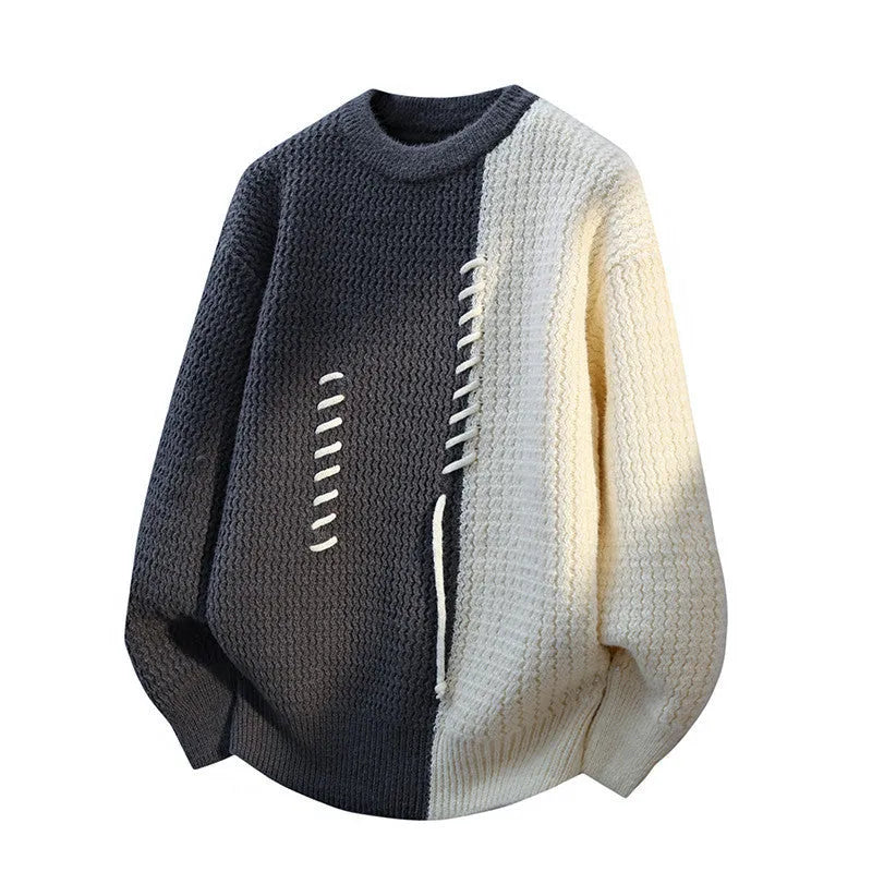 Men's loose fit round neck sweater pullover in black polyester fibre, front view