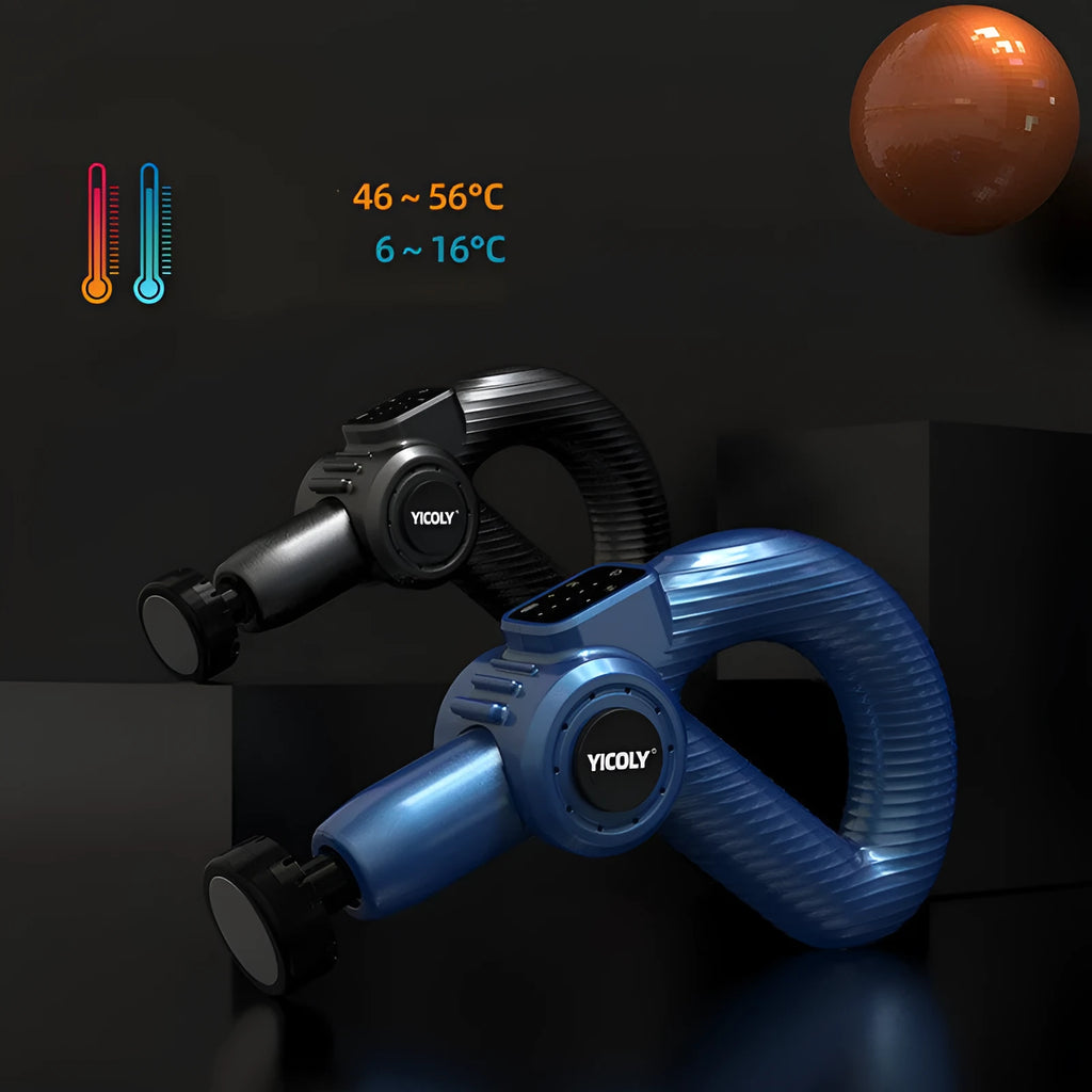 Black intelligent muscle massage gun with adjustable angle, five massage heads, and a storage bag.