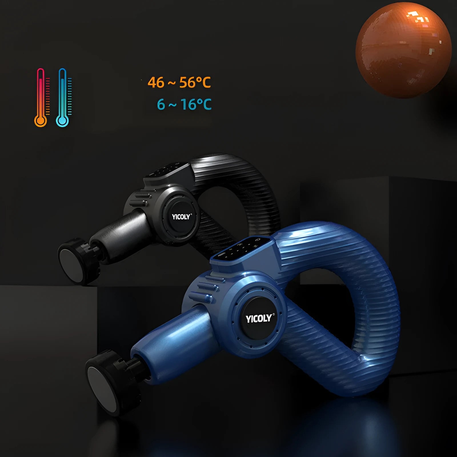 Black intelligent muscle massage gun with adjustable angle, five massage heads, and a storage bag.