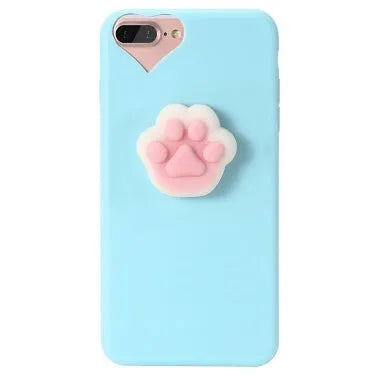 Soft pink TPU iPhone case with a raised white 3D cartoon cat design on the back.