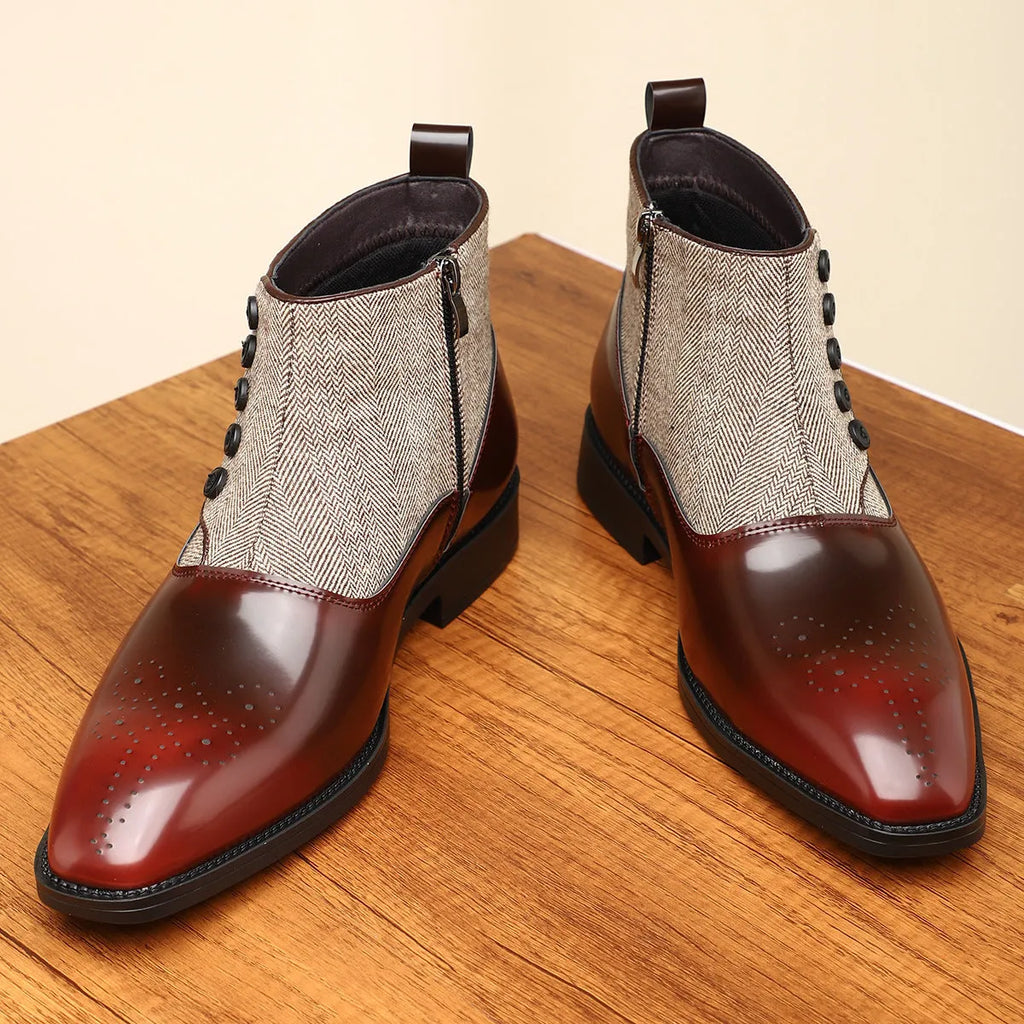 Men's brown retro formal shoes with side zipper closure and square toe