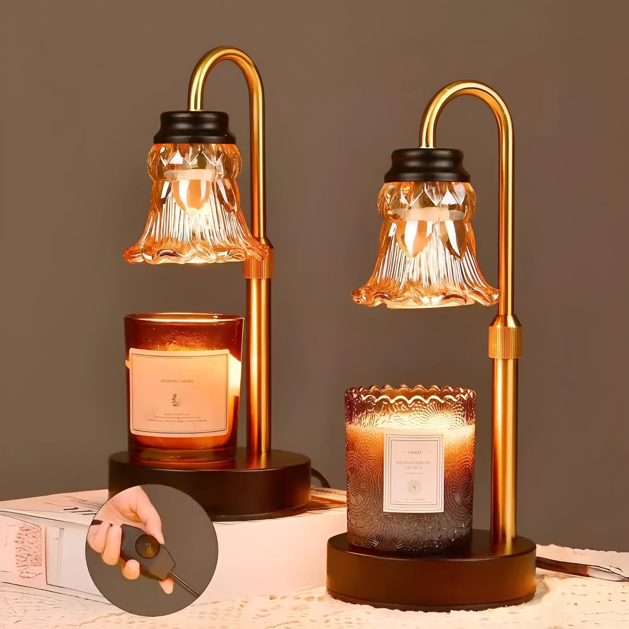 Bamboo aromatherapy wax melting lamp with adjustable lifting mechanism showing extended height