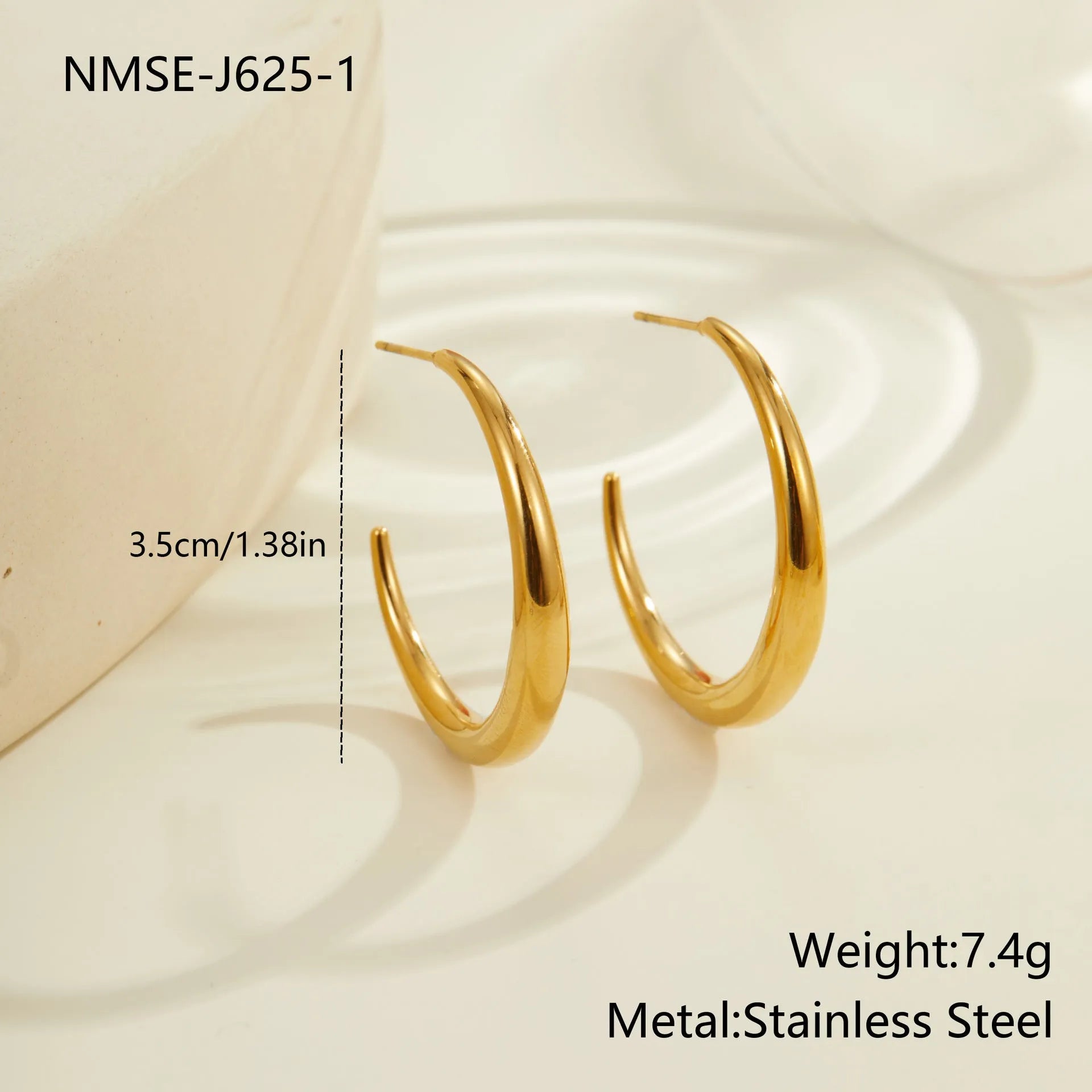 Geometric round stainless steel hoop earrings with gold plating, shown in large and small sizes.