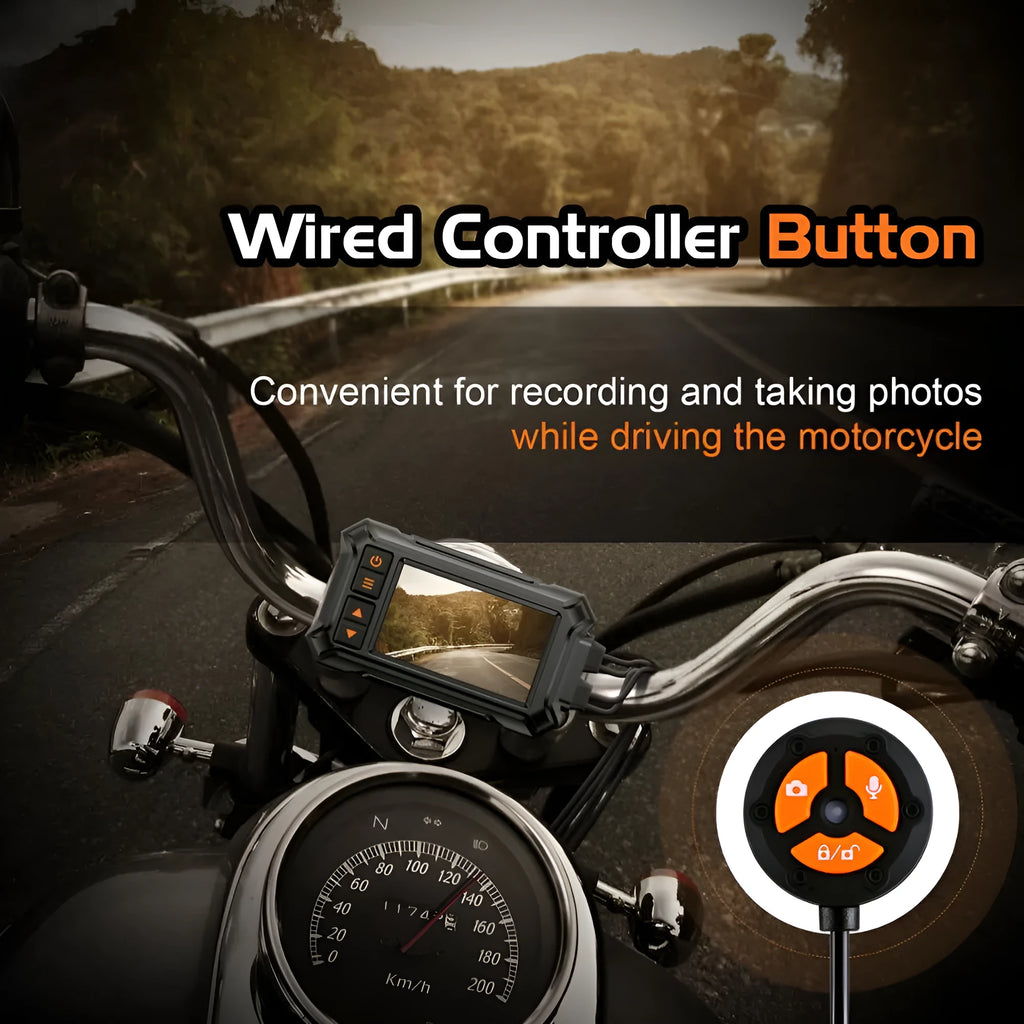 Motorcycle dash camera system with dual lenses, 3-inch display, GPS module, and waterproof housing