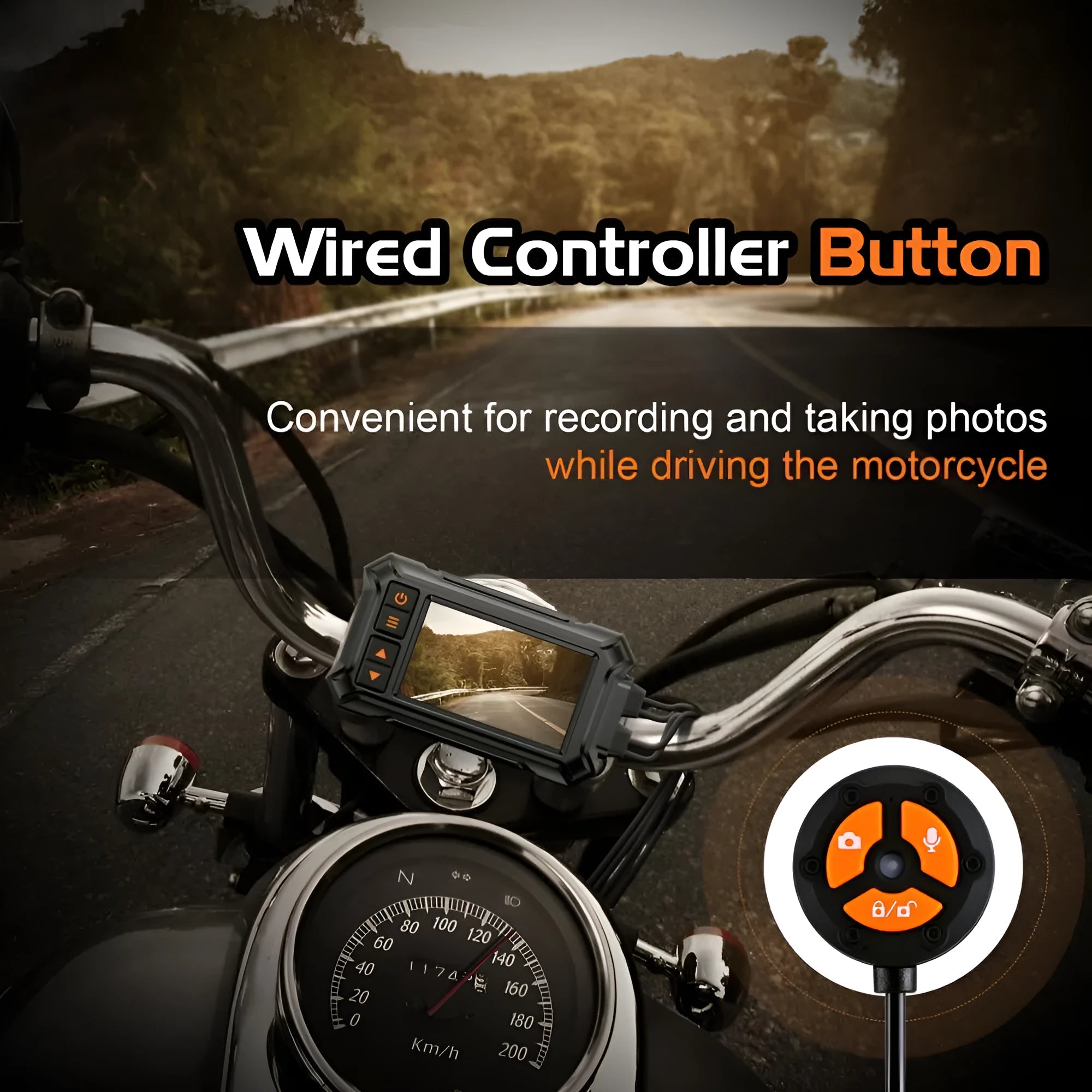 Motorcycle dash camera system with dual lenses, 3-inch display, GPS module, and waterproof housing