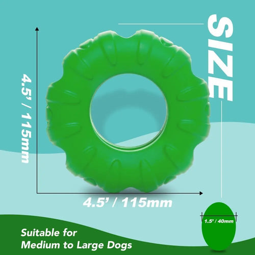 Blue natural rubber tyre-shaped dog chew toy with treat openings for slow feeding
