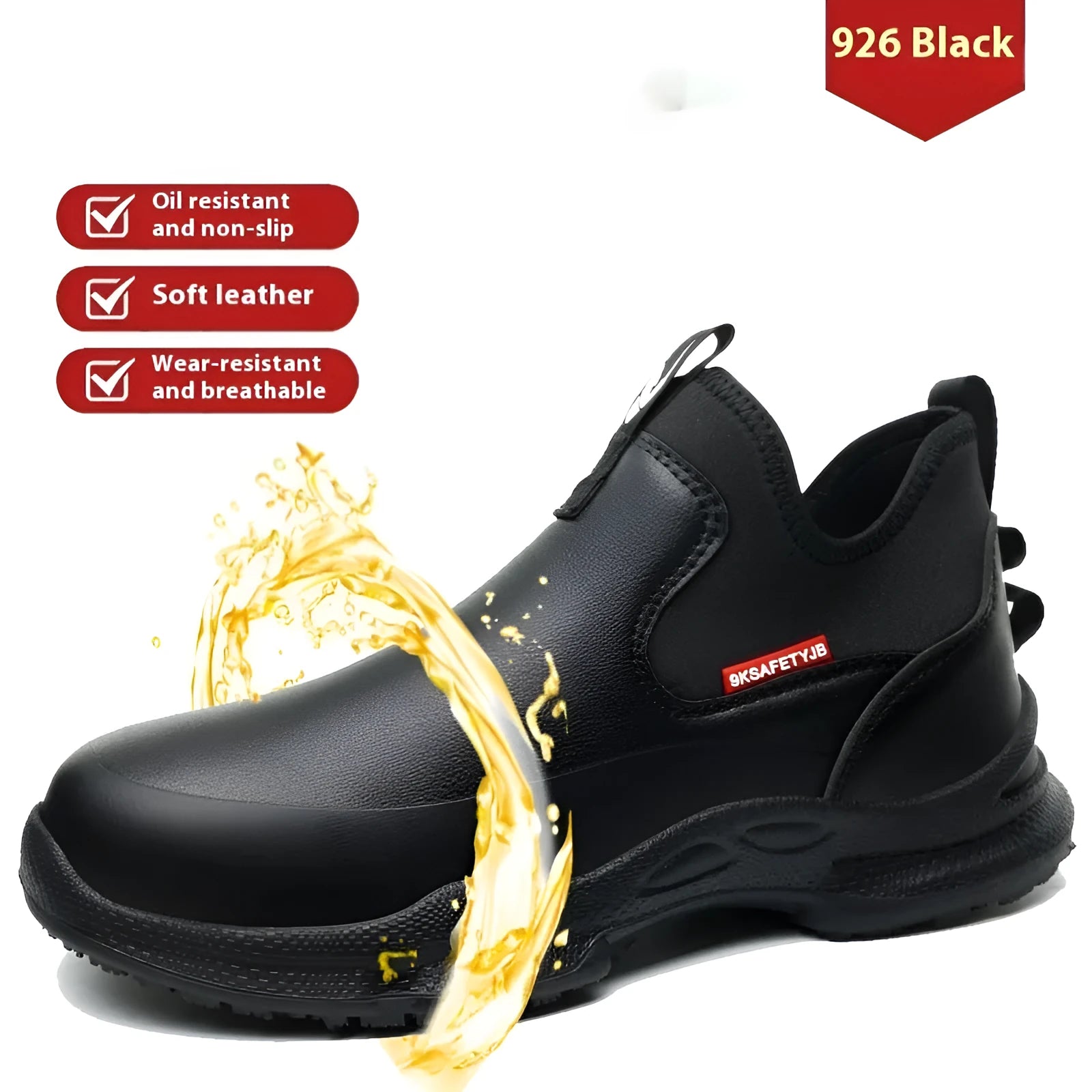 Black high-cut men's waterproof work shoes with anti-slip rubber sole for chefs and industrial safety.