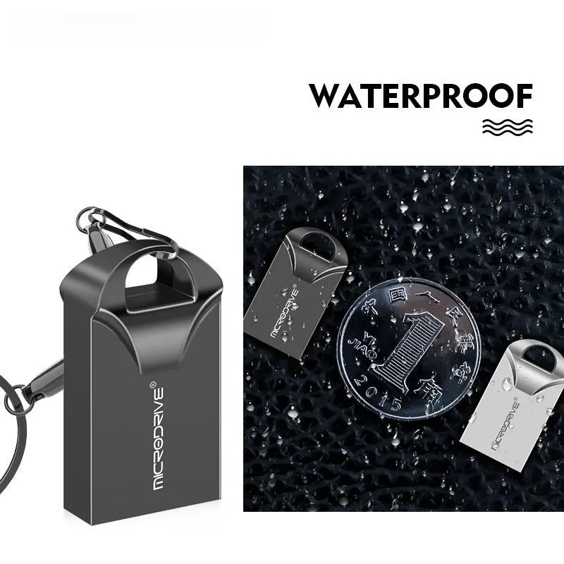 Compact black and silver metal USB flash drive on a white background showing its small size.