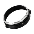 Black CNC aluminium headlight protective frame for BMW R NineT Scrambler motorcycle.