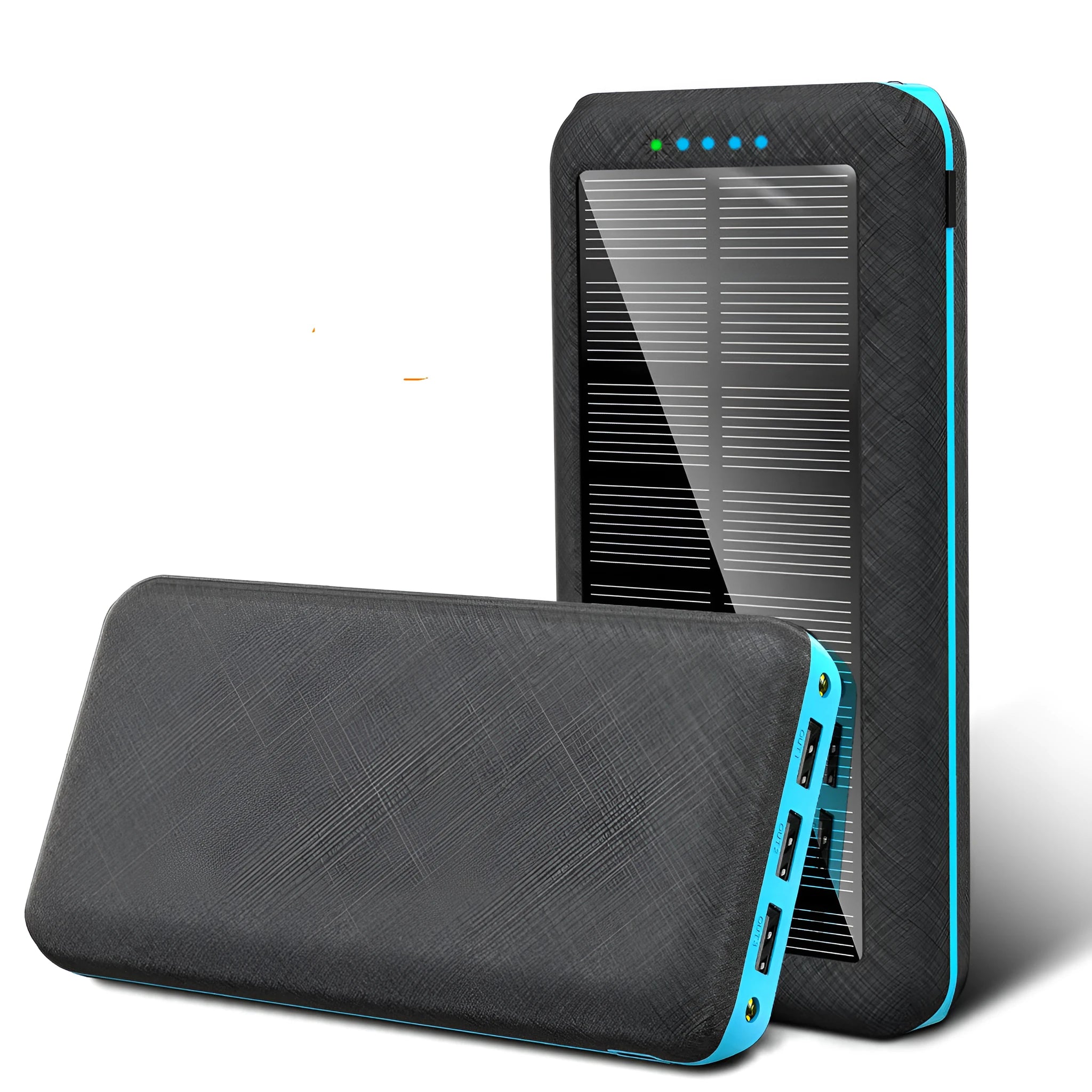 Black wireless solar power bank with Qi charging pad, three USB ports and an LED flashlight