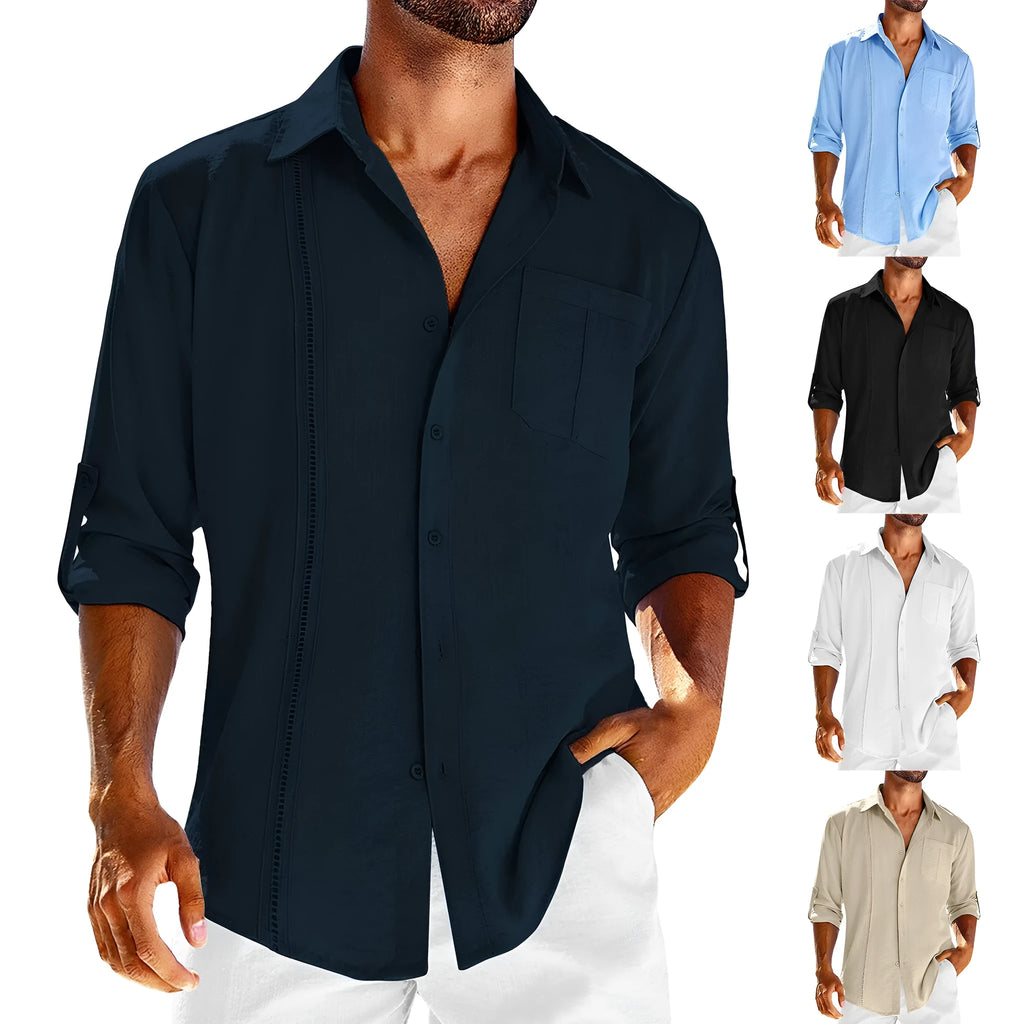 Men's solid colour long-sleeve shirt with a polo collar and a chest pocket on the left side.