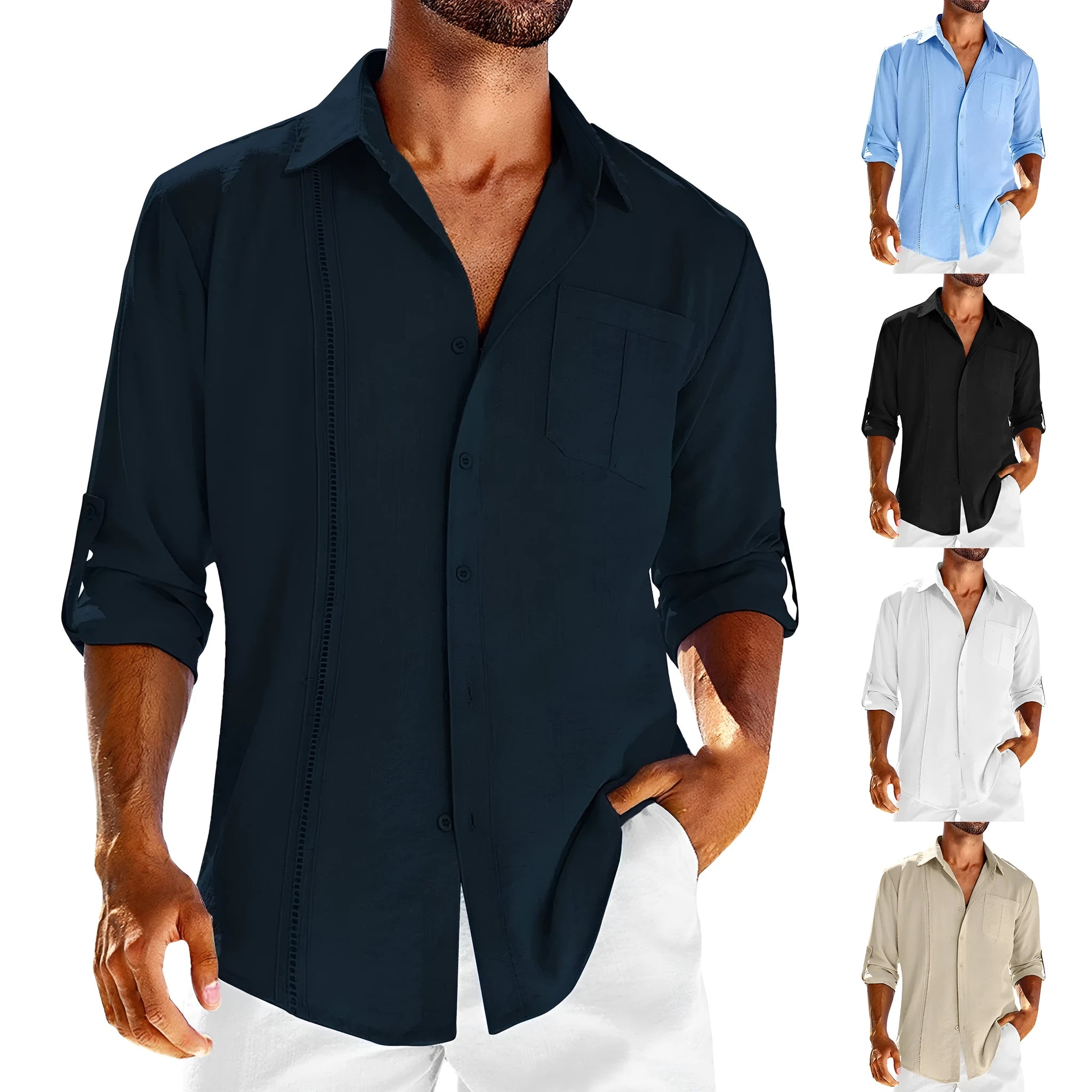 Men's solid colour long-sleeve shirt with a polo collar and a chest pocket on the left side.