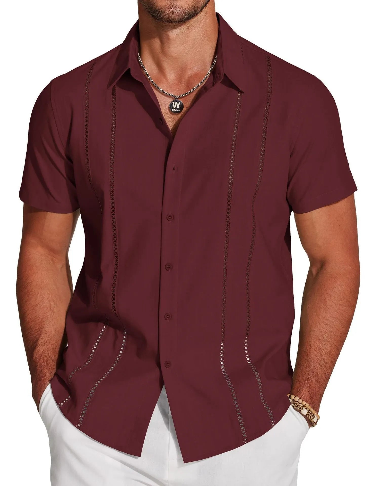Men's slim fit short sleeve Hawaiian shirt with digital print pattern in elastic polyester fabric