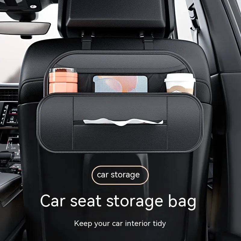 Black leather car seat rear storage bag organiser showing dimensions.