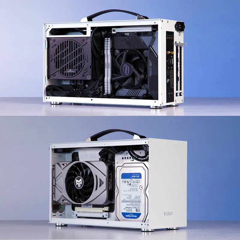 Hummingbird PRO mini-ITX desktop computer chassis in titanium grey and white colour options