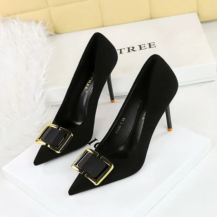 Black women's suede stiletto high heels with a 9cm heel and pointed toe.