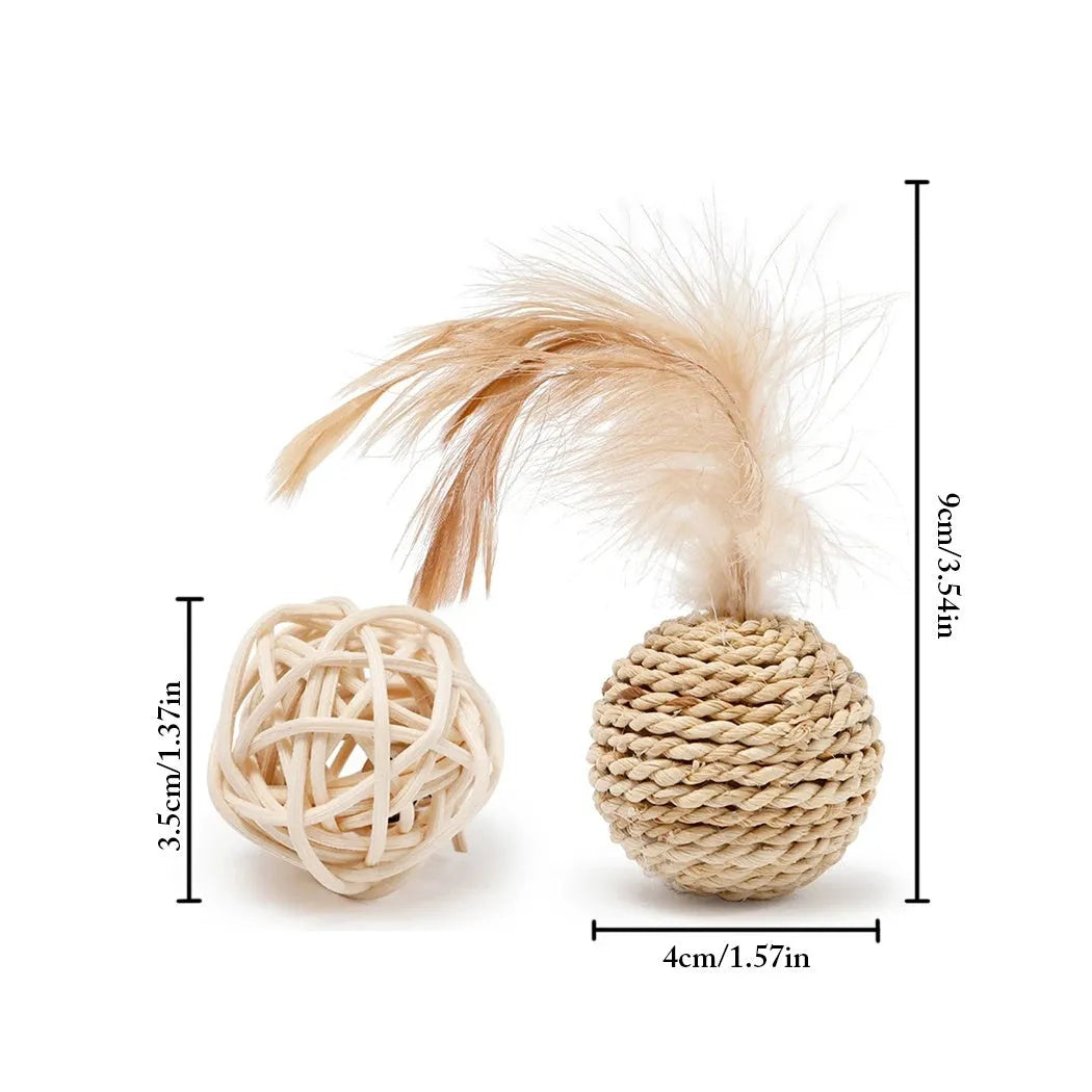 Cat toy set showing rattan ball with bell and faux feather ball for interactive pet play