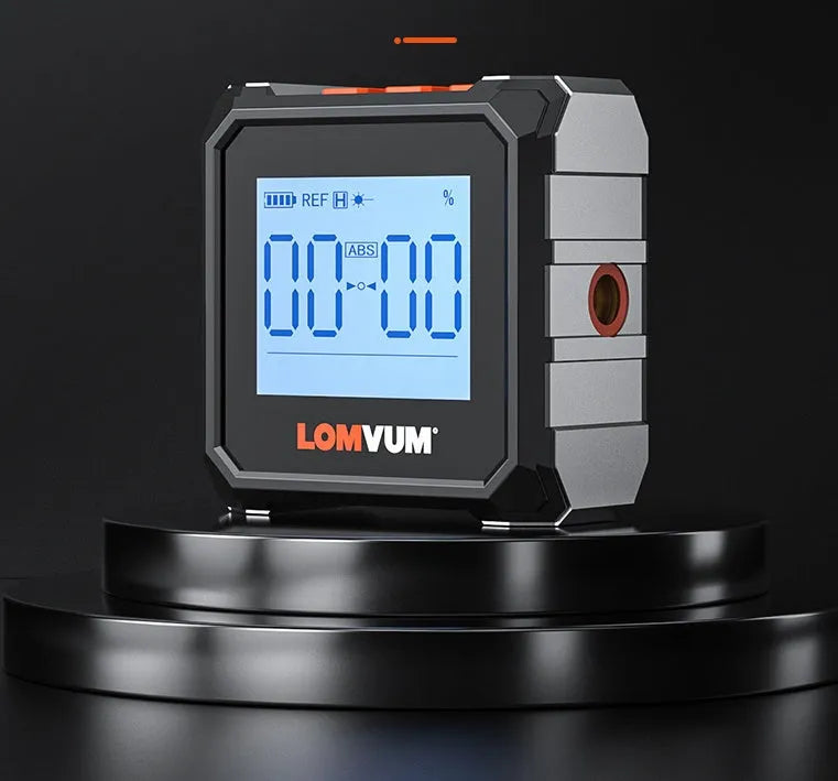 Digital laser infrared woodworking steel tape measure inclinometer with alloy casing and display.
