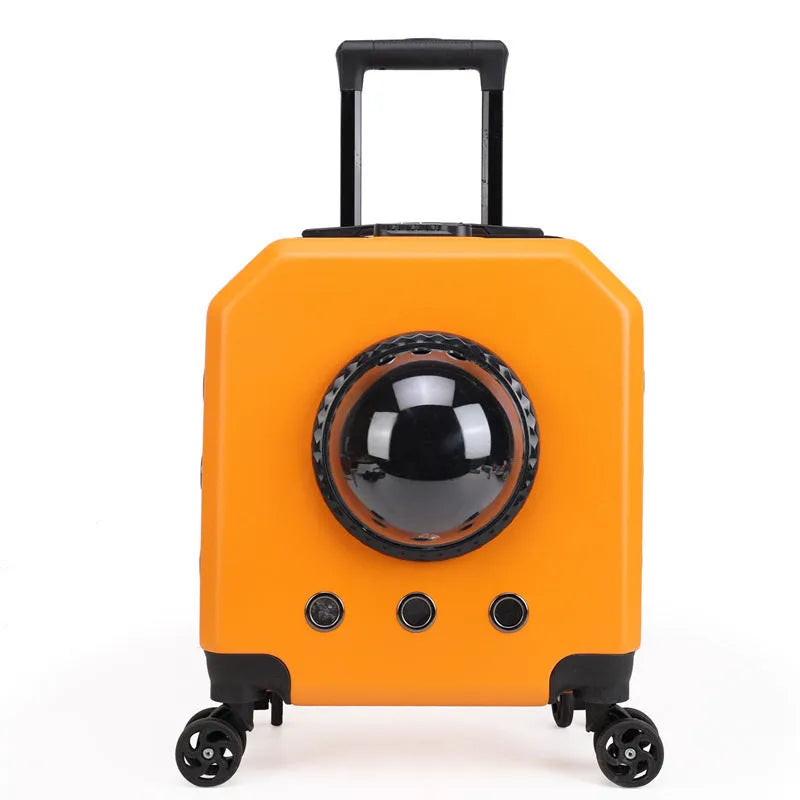 Hard-sided orange PVC pet flight case on wheels with a luggage compartment.