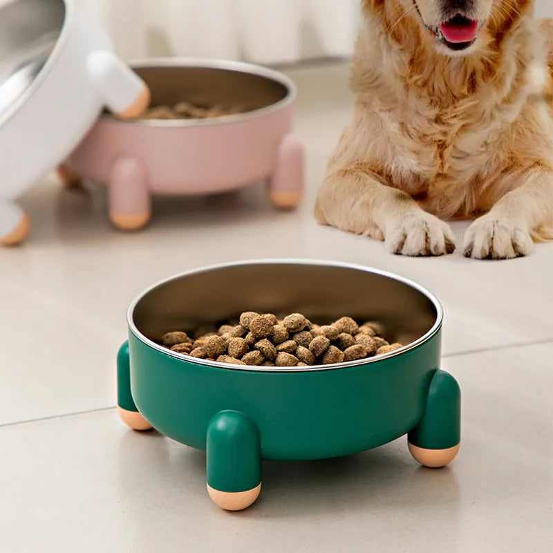 Green raised stainless steel pet bowl with non-slip high foot for dogs and cats