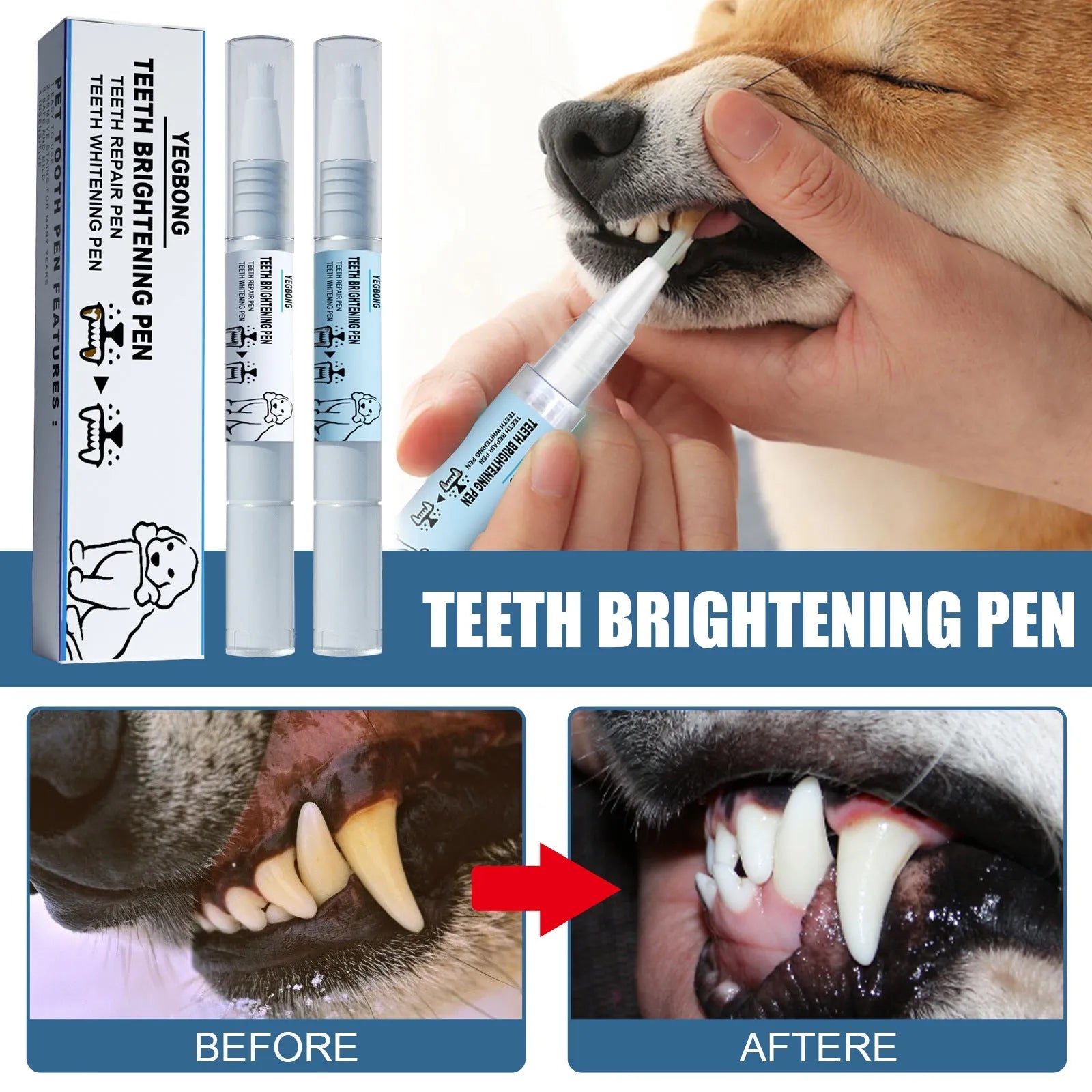 Yegbong pet teeth whitening pen with 3ml+3ml gel and two dental brushes for dog and cat tartar removal