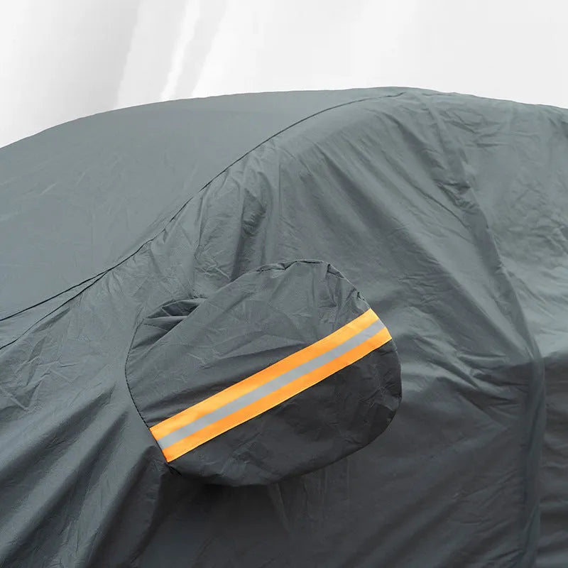 Grey Volkswagen car cover with PVC chemical fibre construction showing rainproof sun protection features