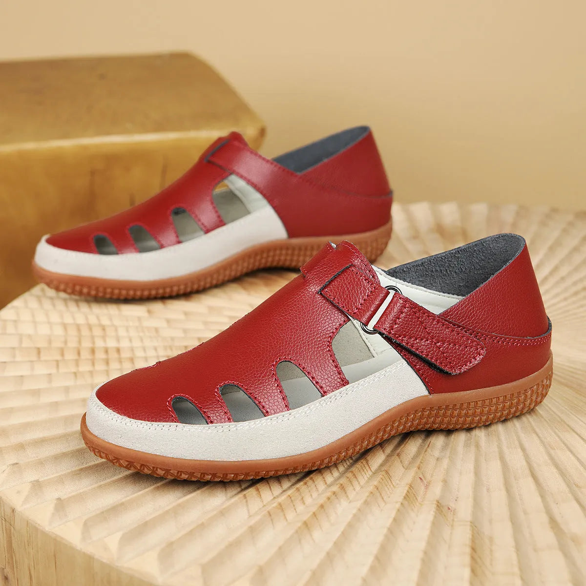 Plus size women's flat heel sandals with hollow breathable design in white red or blue