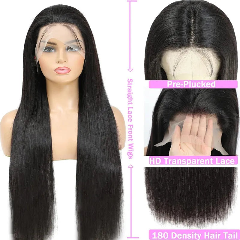 Black straight human hair lace front wig with a 13x6 inch frontal on a mannequin head.