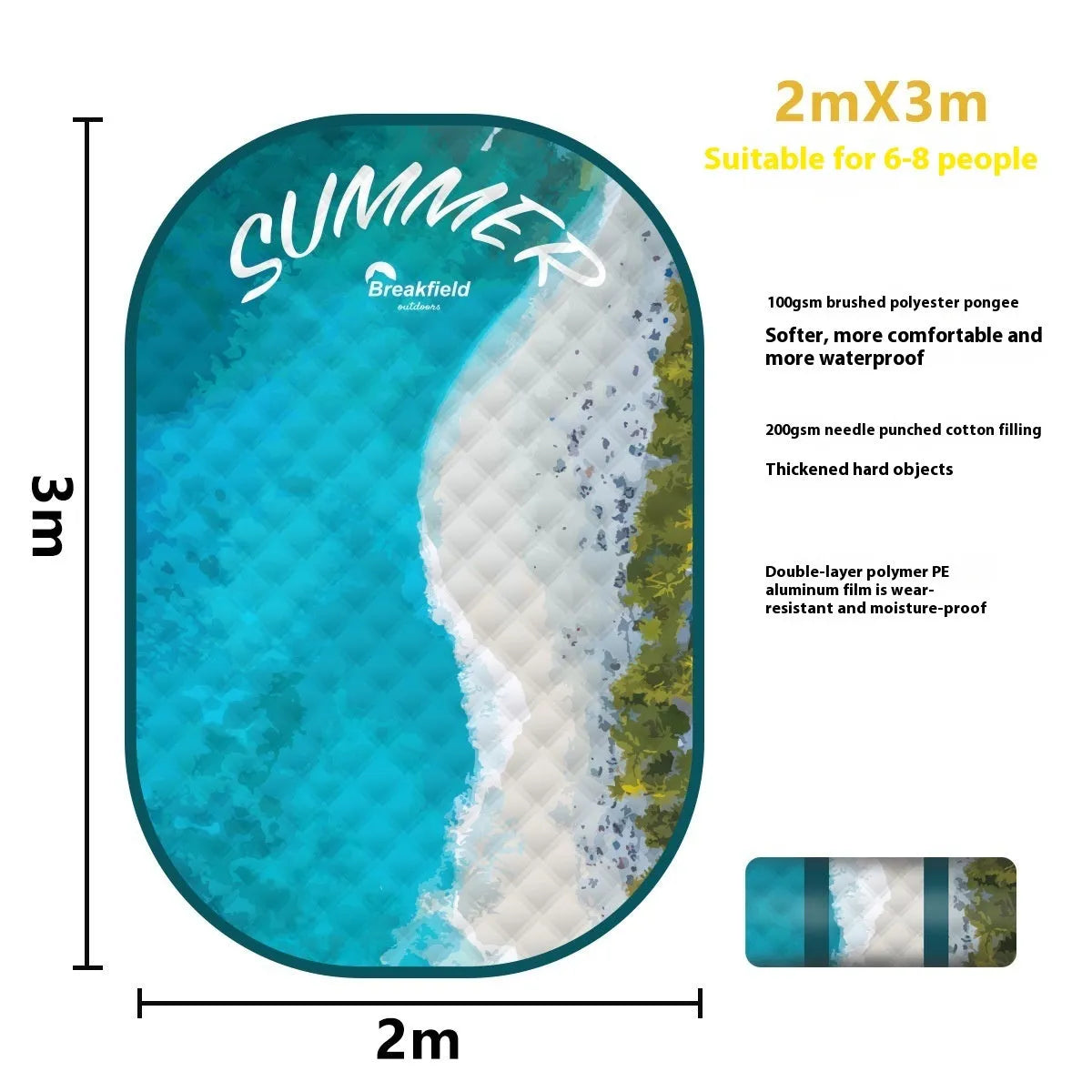 Waterproof picnic mat in brushed fabric with moisture-proof backing for outdoor use