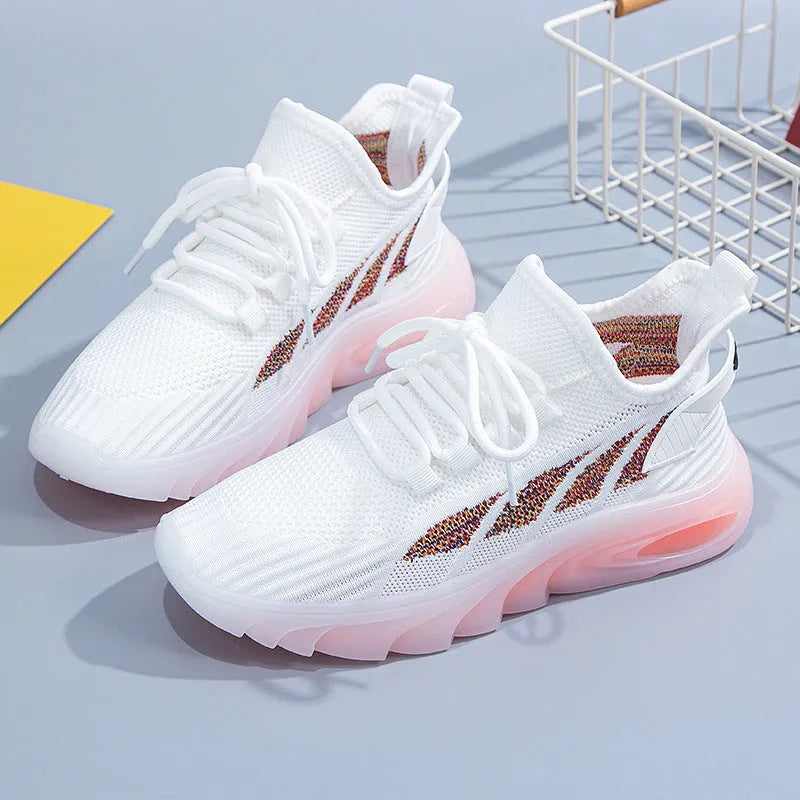 Women's high-top cowhide leather sports casual shoes in white with a flat heel and round toe.