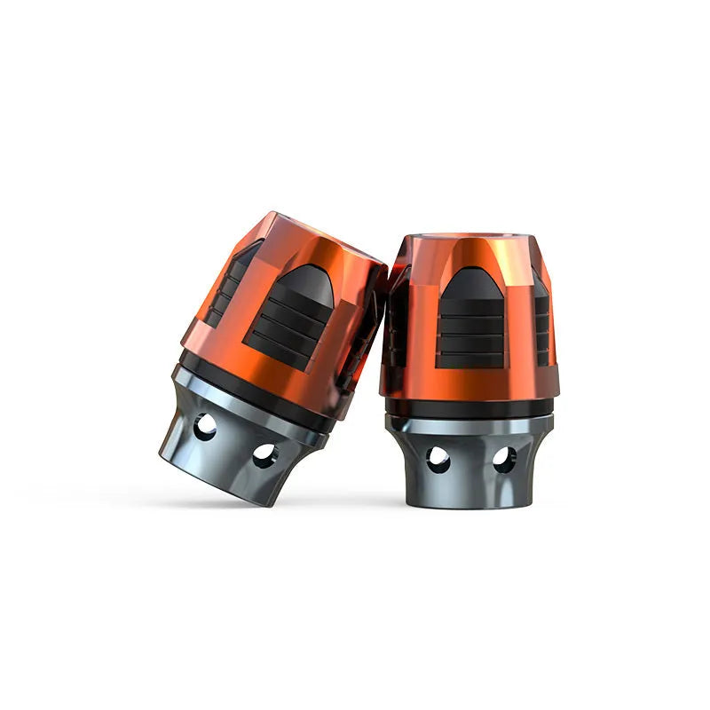Pair of CNC machined aluminium alloy fork cups for motorcycle or electric car front axle, shown in anodised red.