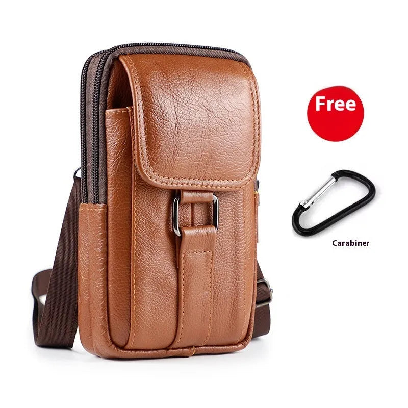 Men's black composite cowhide leather waist crossbody bag with lock fastener and coin pocket