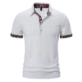 Men's navy blue cotton blend polo shirt with a turnover neck and short sleeves on a hanger.