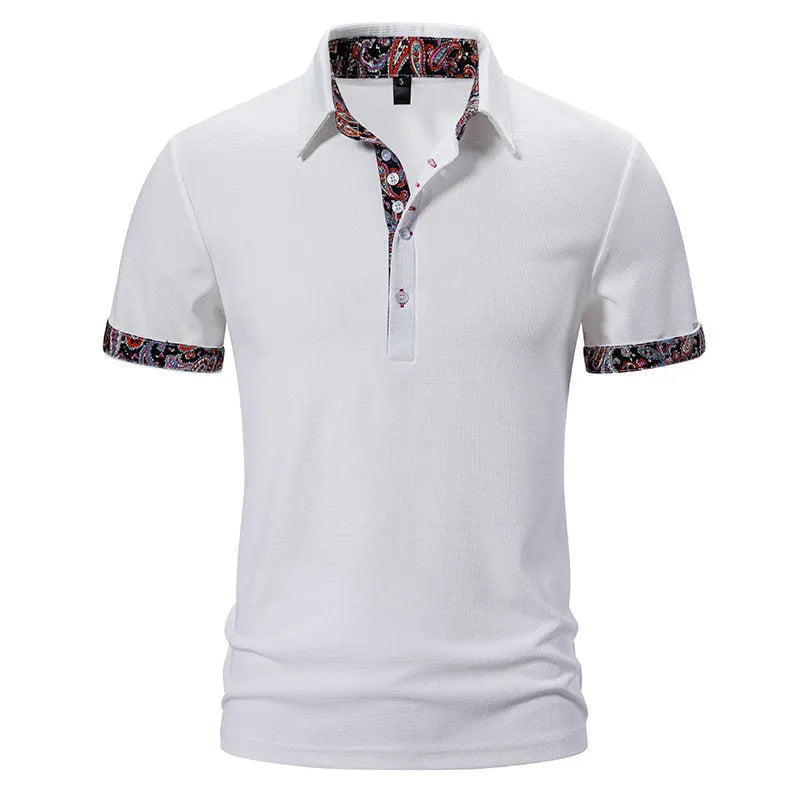 Men's navy blue cotton blend polo shirt with a turnover neck and short sleeves on a hanger.