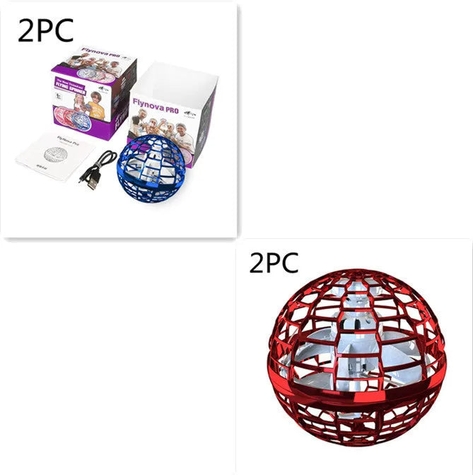 Blue LED spinning flying ball toy and magic wand set on a neutral background.