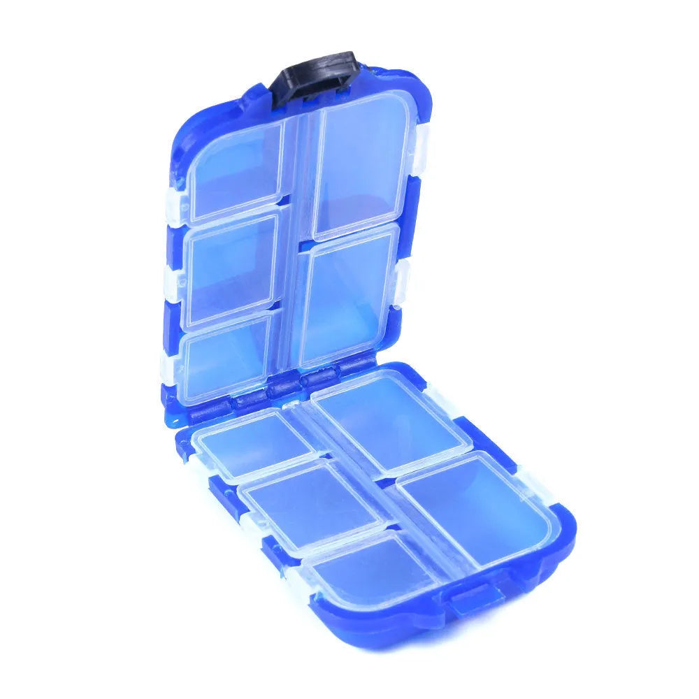 Small black plastic fishing tackle storage box with 10 internal grid compartments.