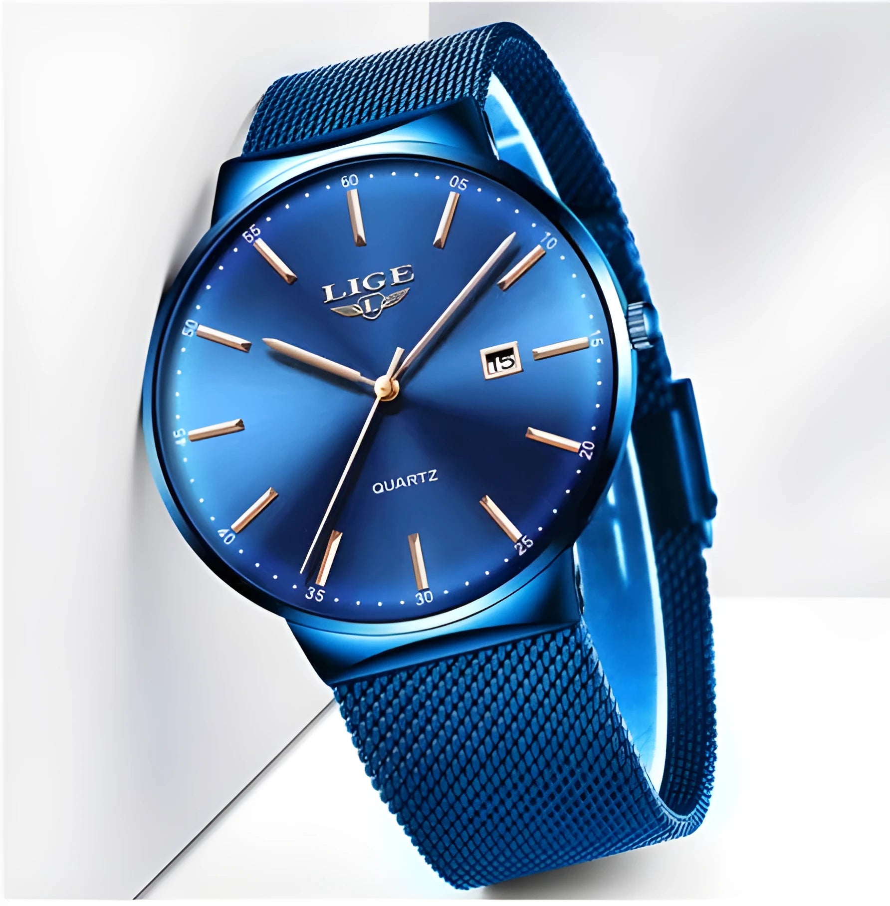 Men's stainless steel watch with a 40mm dial shown in black, blue, and two-tone colour options