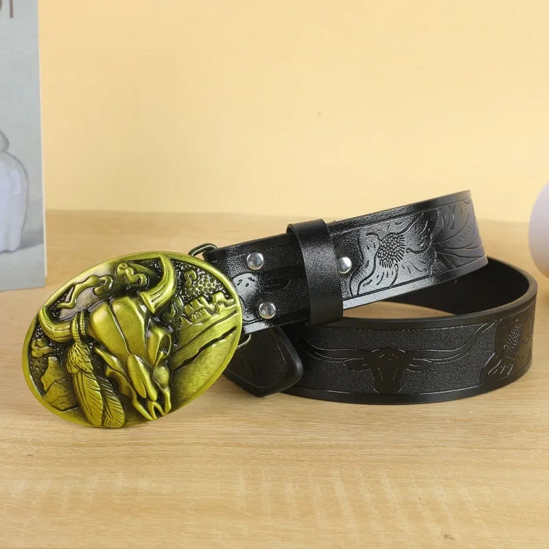 Men's black cow head buckle belt with detailed alloy casting on an imitation leather strap.