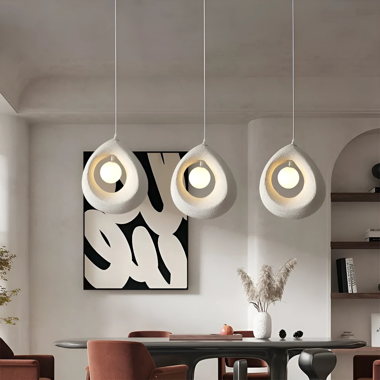Modern retro style pendant chandelier with a large milky white rectangular lampshade